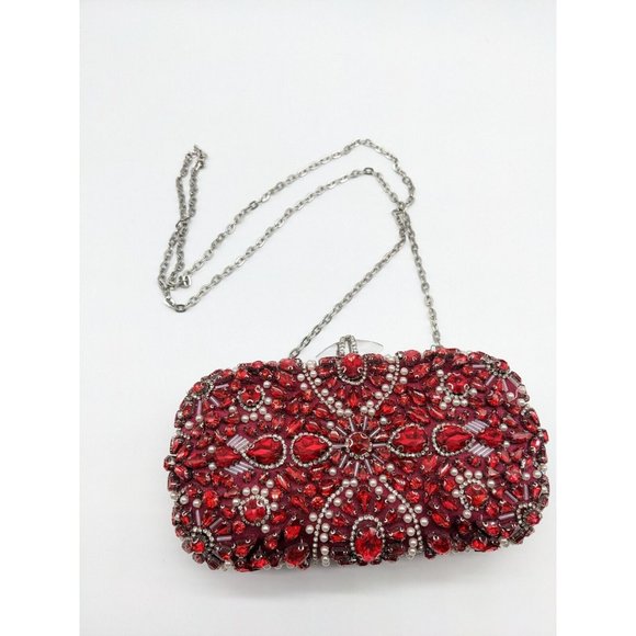 INC Ranndi beaded embellished crystal clutch minaudiere - RED/SILVER - Picture 11 of 14